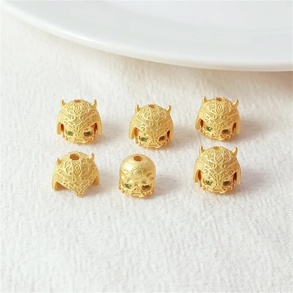 18K Ancient-style Gold Inlaid Zirconium Dai Helmet Skull Armor Through-hole Handcrafted DIY Beaded Bracelet Waist Bead Accessory