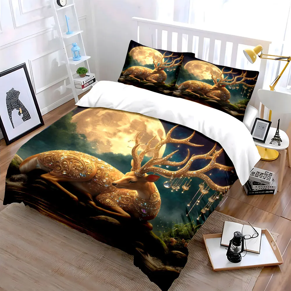 3pcs Golden antlers with dreamy moon Duvet Cover Set with 3D Printing Design Soft Polyester Bedding Set All-Season Comfort