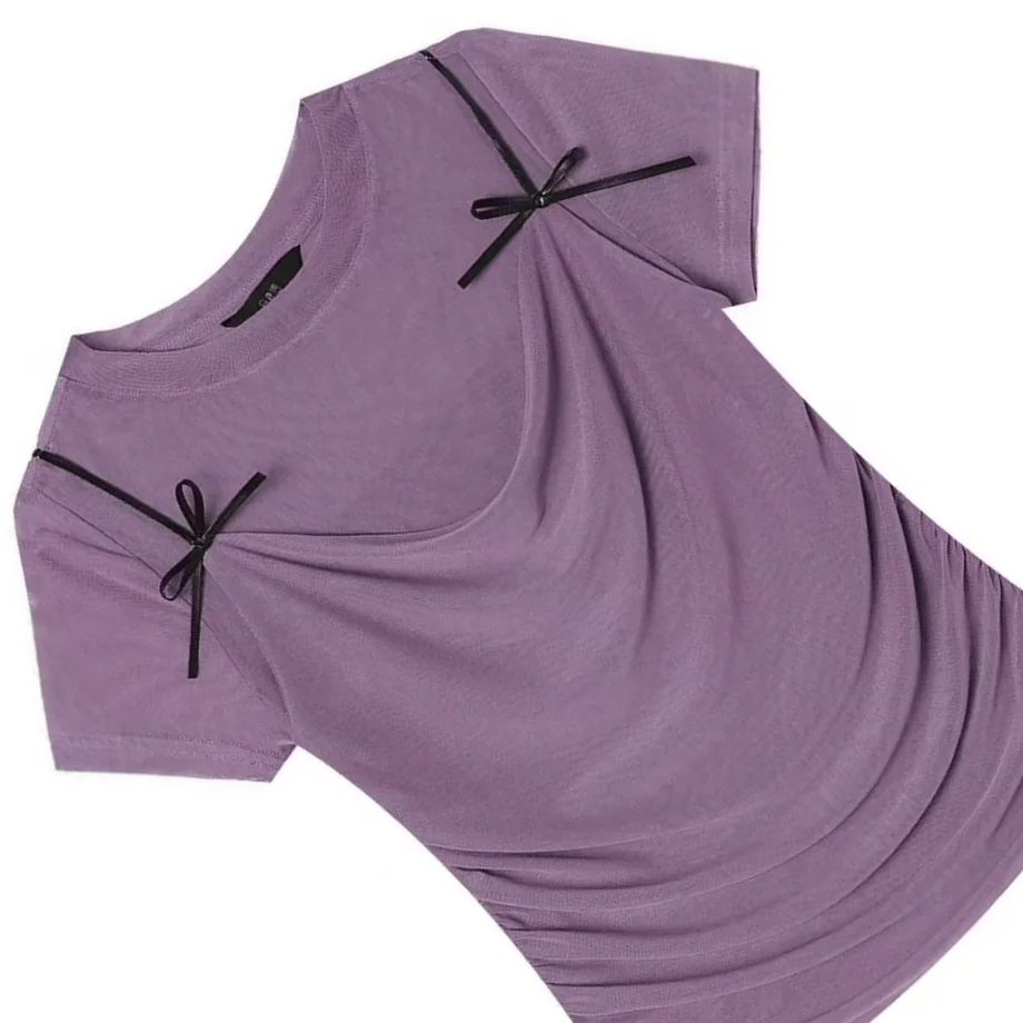 Summer Women's Clothing New Solid Color Slim And Thin Gentle Wind Bow Purple Swing Neck Short-sleeved Top