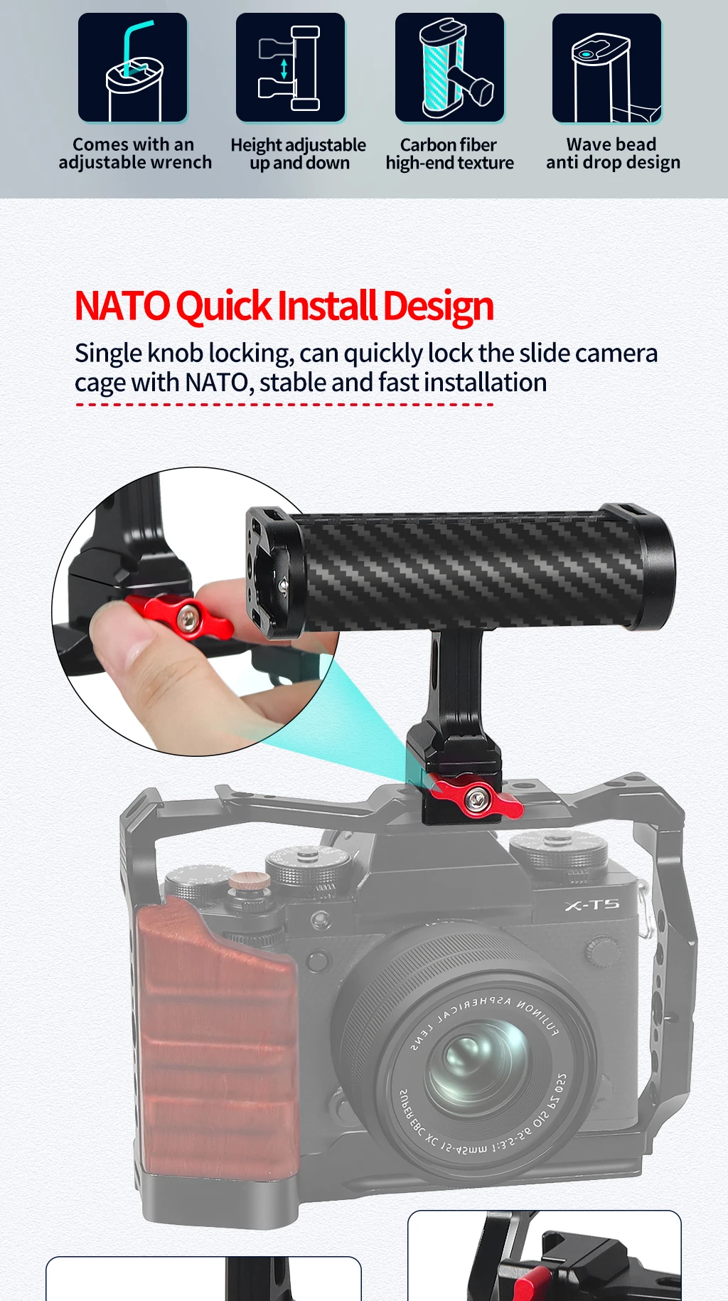 Leichte NATO-Schienenklemme, seitlicher Griff oben, Schnellverschluss-Aluminiumlegierung für Sony Canon Nikon DSLR-Videokamera-Käfig-Rigs – Detail 2