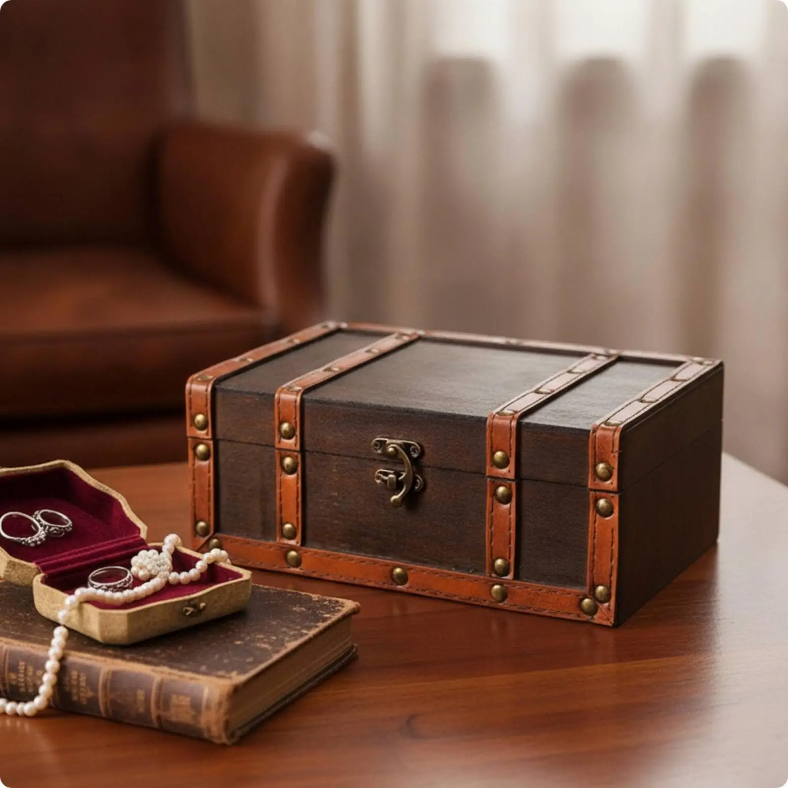 Rustic Antique Jewelry Storage Case with Metal Lock for Small Treasures and Accessories Organizer Home Use