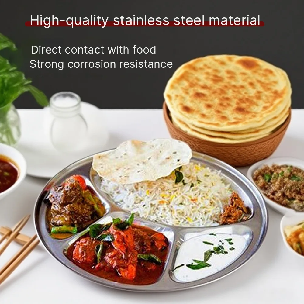 

Stainless steel meal tray - Stainless steel circular meal tray with 4 sections, durable restaurant utensil tray