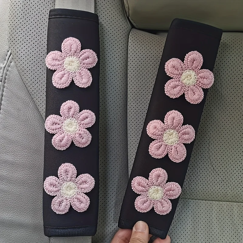 2pcs Ice Silk Pink Flower Shoulder Protection Cartoon Creative Car Seat Belt Shoulder Protection Small Flower Interior 7 colors