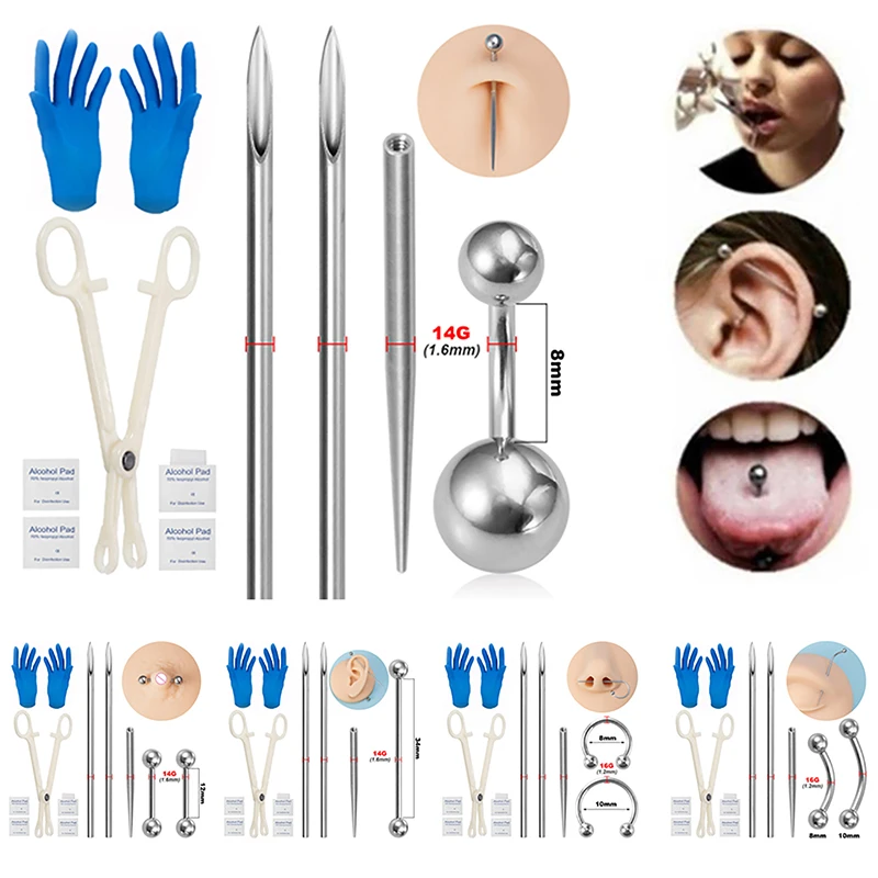 Body Piercing Kit Surgical Steel Threaded Taper Pin Needles Lip Nose Tongue Cartilage Eyebrow Navel Piercing Jewelry Tool Pliers