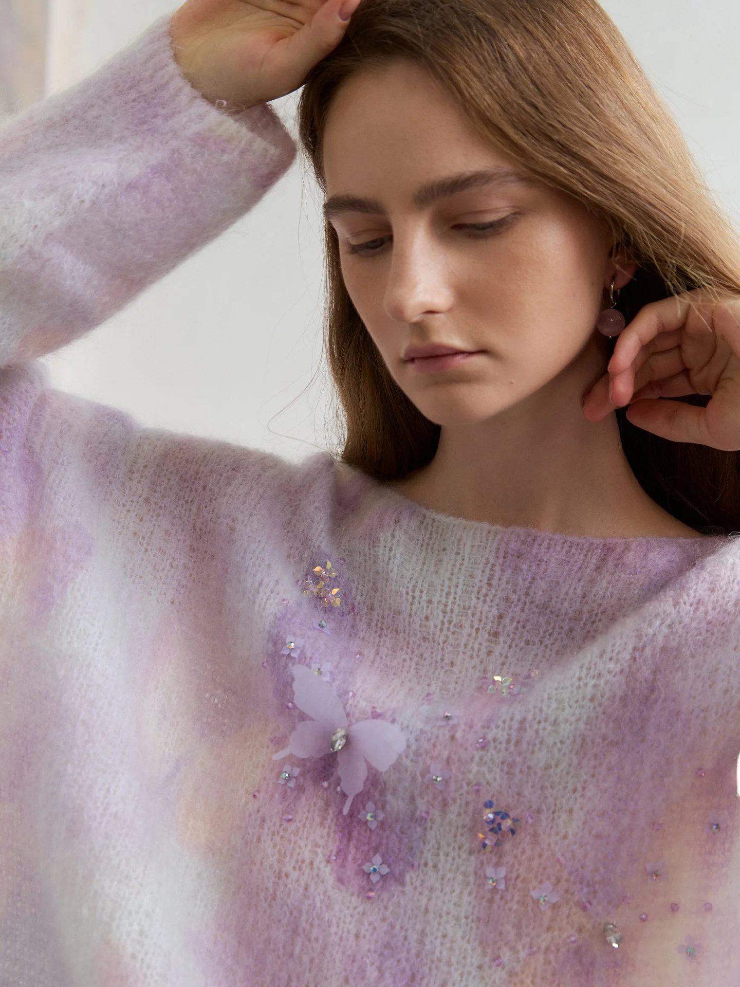 

Свитер женский вязаный свободного кроя, фиолетовый, с 3D-эффектом, мягкий, уютный, из смесовой шерсти, с длинными рукавами и круглым вырезом