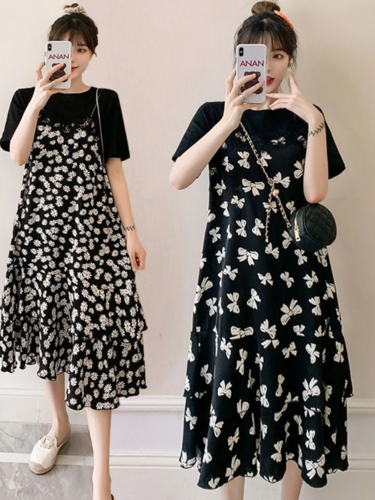 

Summer plus Size Floral Print Loose Fro Dr Women's Patchwork Conceal Meat Slimming Long Dr Fake Two-Piece Dr