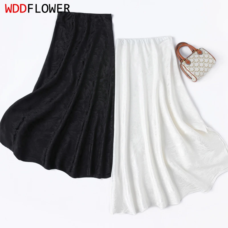 

Women Silk Skirt 93% Mulberry Silk 7% Spandex 19 Momme Jacquard Silk White Black Fishtail Style Skirt L XL M1488
