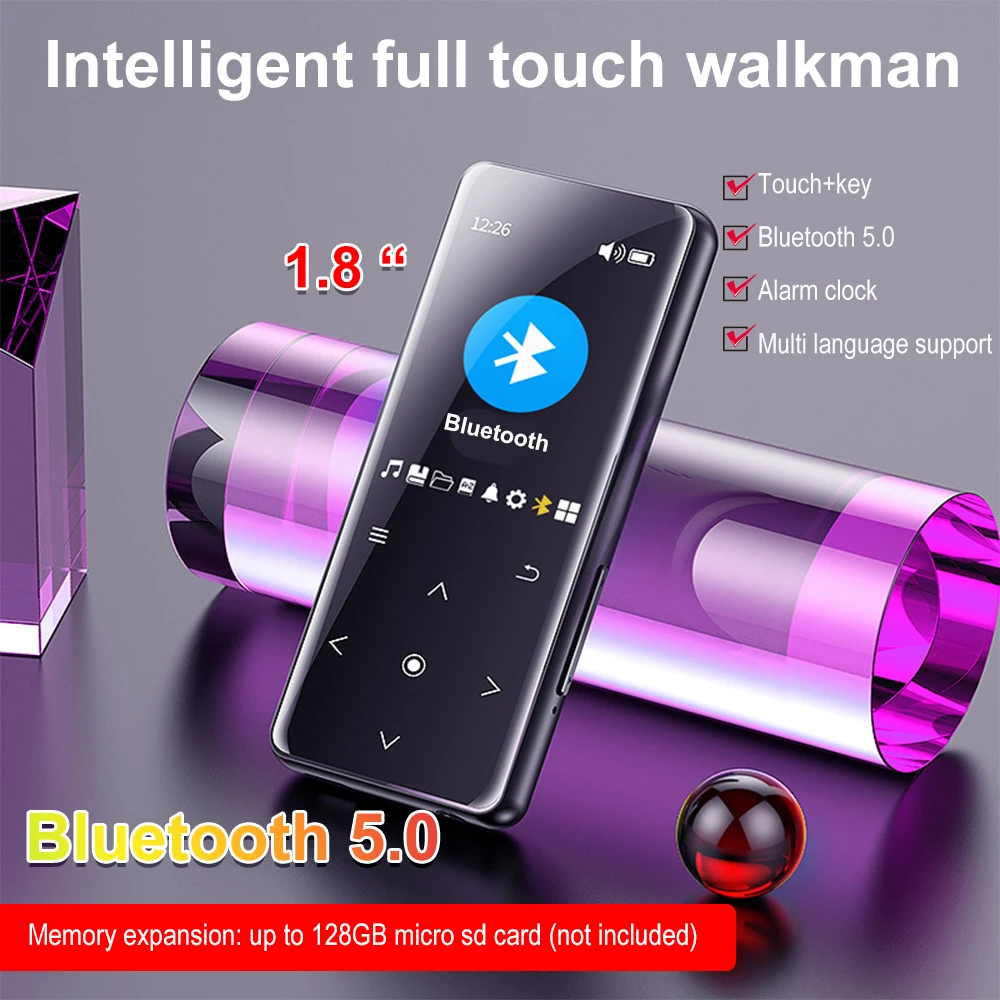 1.8-inch Screen Bluetooth5.0 Mp3 Player Touch Key Portable Audio Lossless Music Hifi Walkman FM/Ebook/Recorder/MP4 Video Player