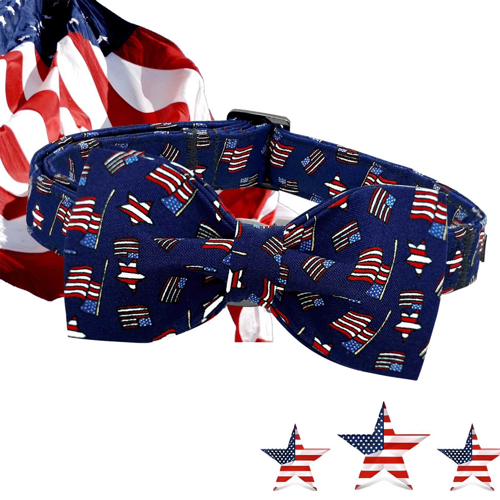 Elegant little tail American Flag Dog Collar 4 of July Dog Bow Collar Independence Day Heavy Duty Adjustable Patriotic