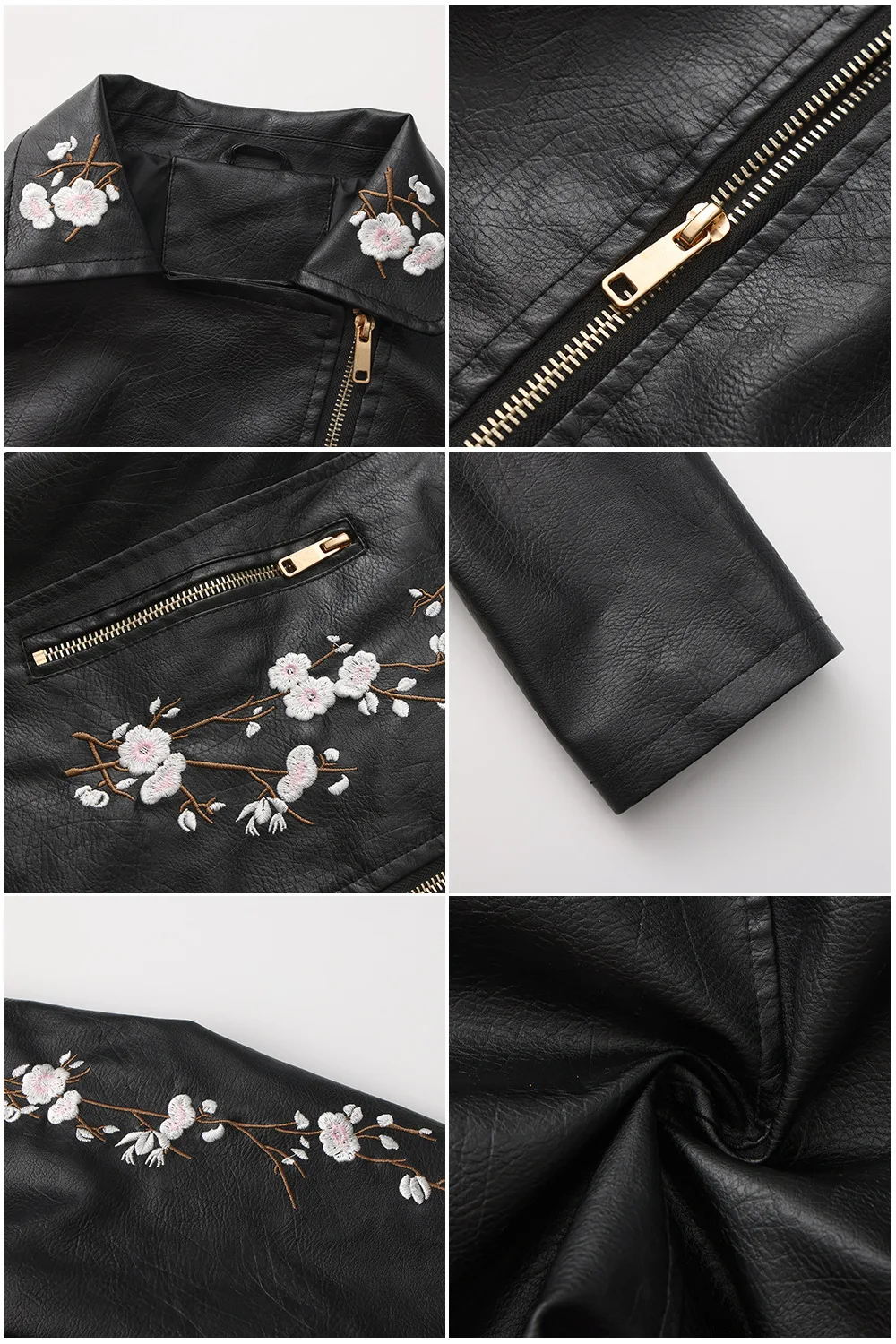 New Fall Women's Black Embroidered PU Jacket, Street-Style Brown Faux Leather Coat, Fashionable Beige Long Sleeves Top.