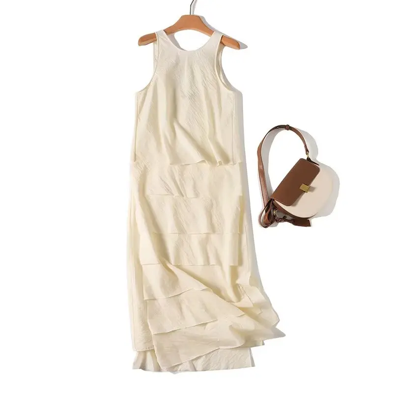 Dave & di nórdico minimalista fora branco sem mangas vestido de tanque feminino moda francesa senhoras em camadas bolo saia midi vestido feminino