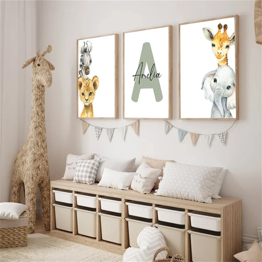 Cute Animal Art Prints Custom Name Canvas Painting Lion Elephant Giraffe Wall Art Poster Nursery Picture Baby Kids Room Decor