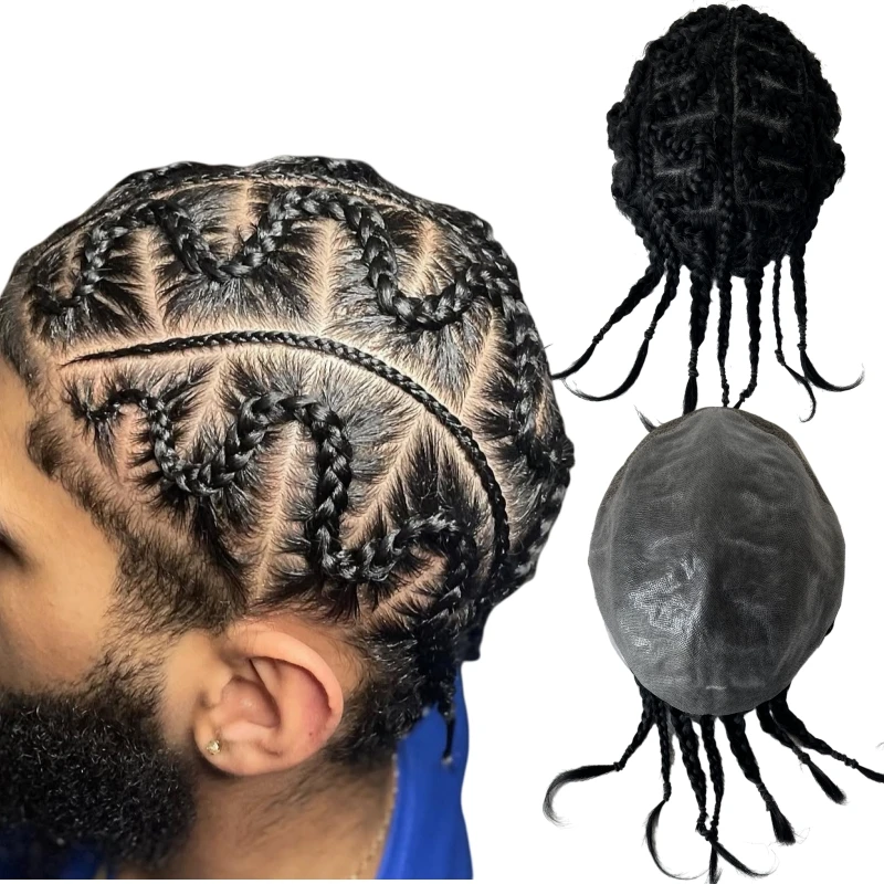 Sistemas de cabello humano virgen chino # 1 Jet Black Dragon Cornrow Trenzas Toupee BIO 8x10 Encaje con unidades de piel de polietileno para hombres negros