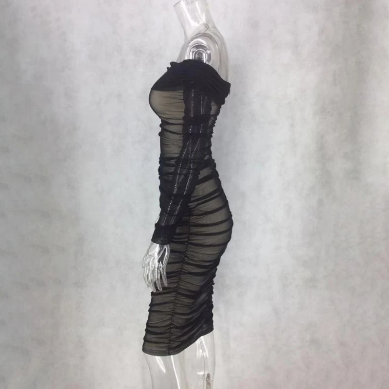 2024 Autumn Solid Color Sexy Slim Party Long Sleeve Off Shoulder Pleated Dress