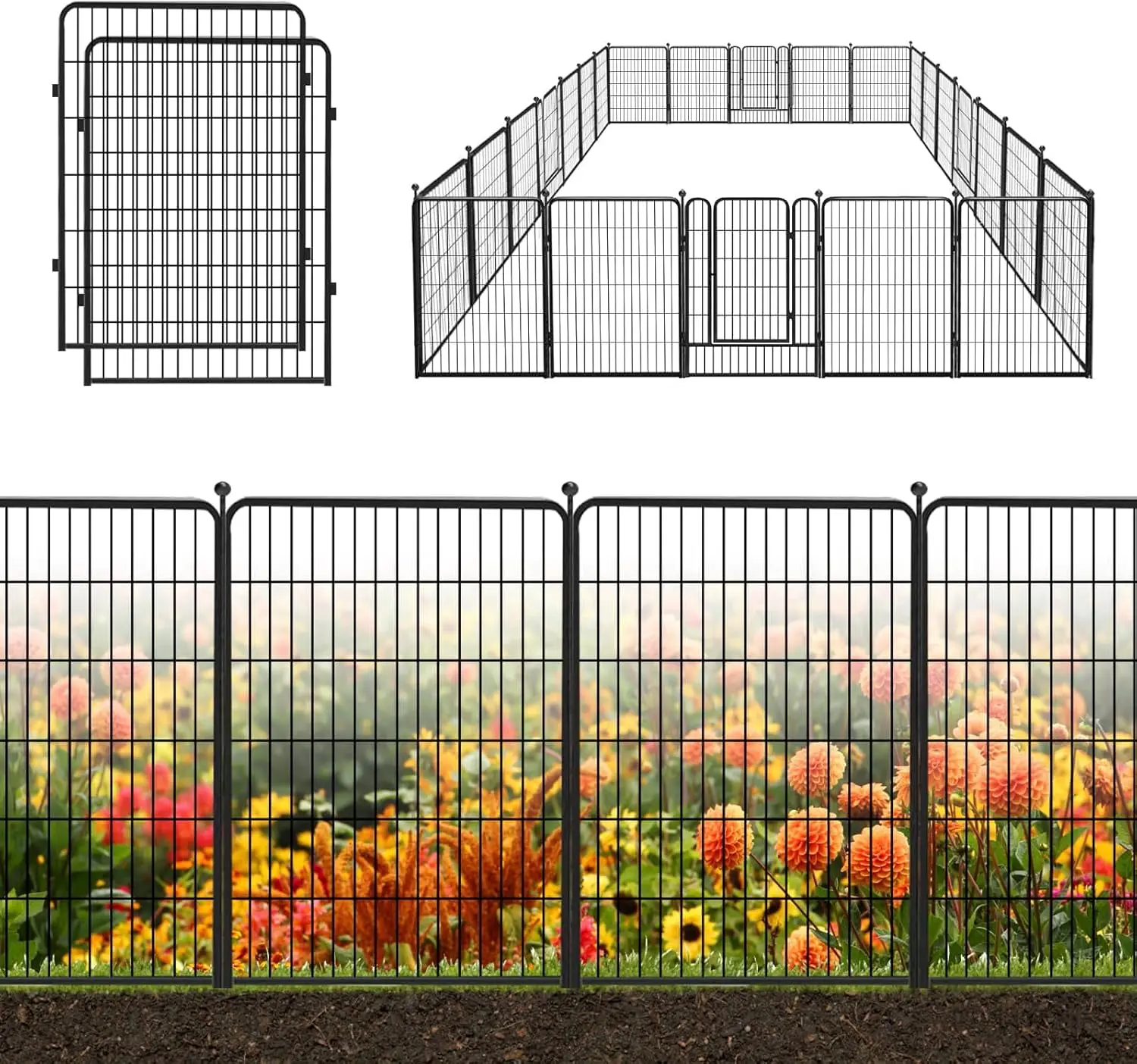 Decorative Garden Metal Fence Black 54ft(L)×40in(H) 24 Panels Wire Rustproof Folding Animal Barrier Border Heavy Duty Iron