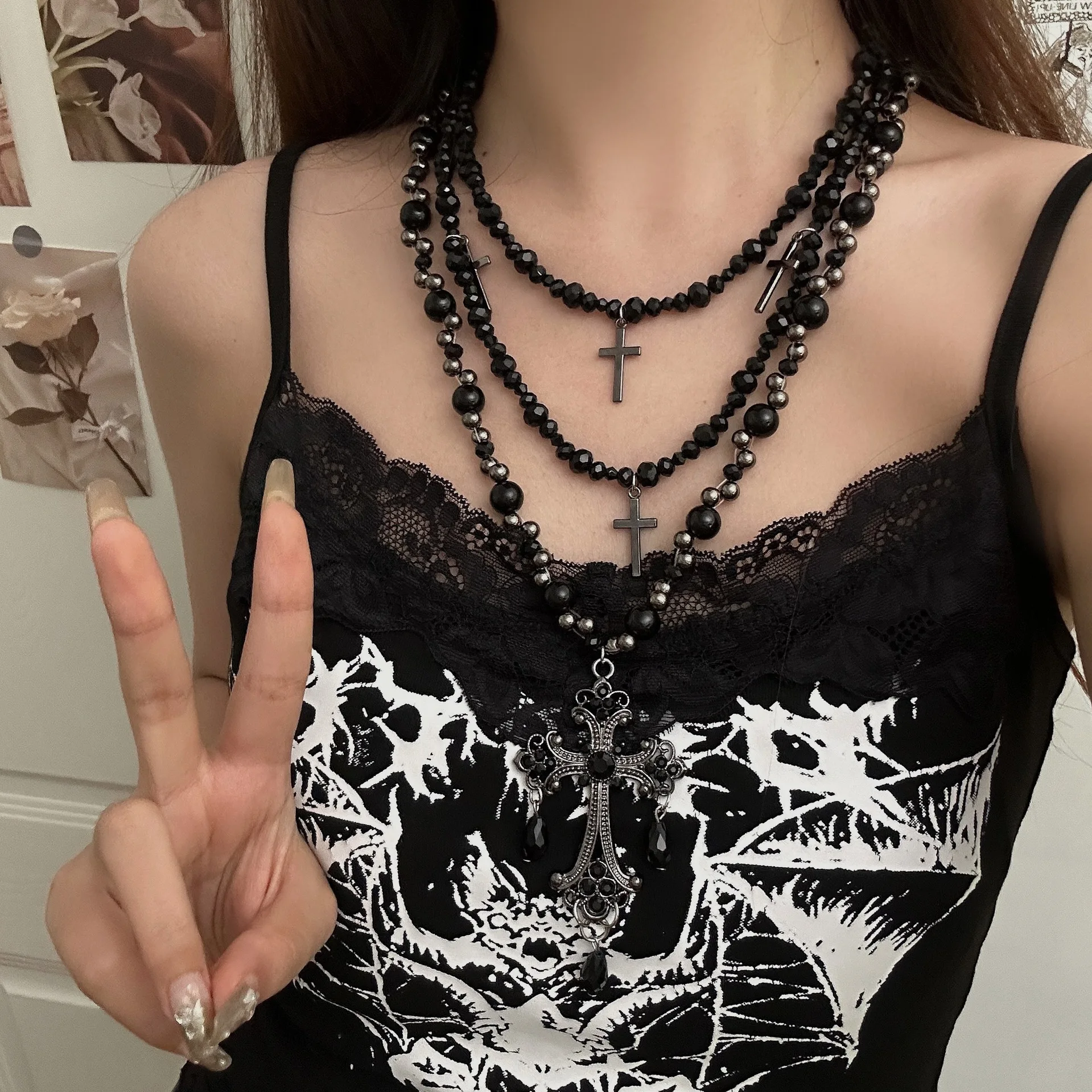 

Imitation Pearl Multi-layered Women's Necklace Vintage Punk Metal Rock Hip HopTrend Long Pearl Cross Pendant For Women Jewelry