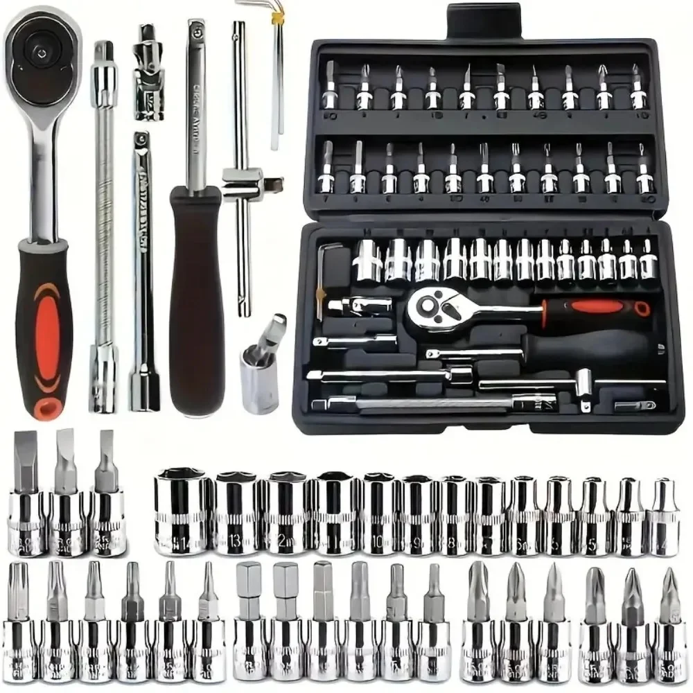 46Pcs Family Tools 1/4 Set Mechanic Tool Kits for Auto Repair Hous with Sockets Metric Hex Bit Socket Set inch Ratchet Wrench
