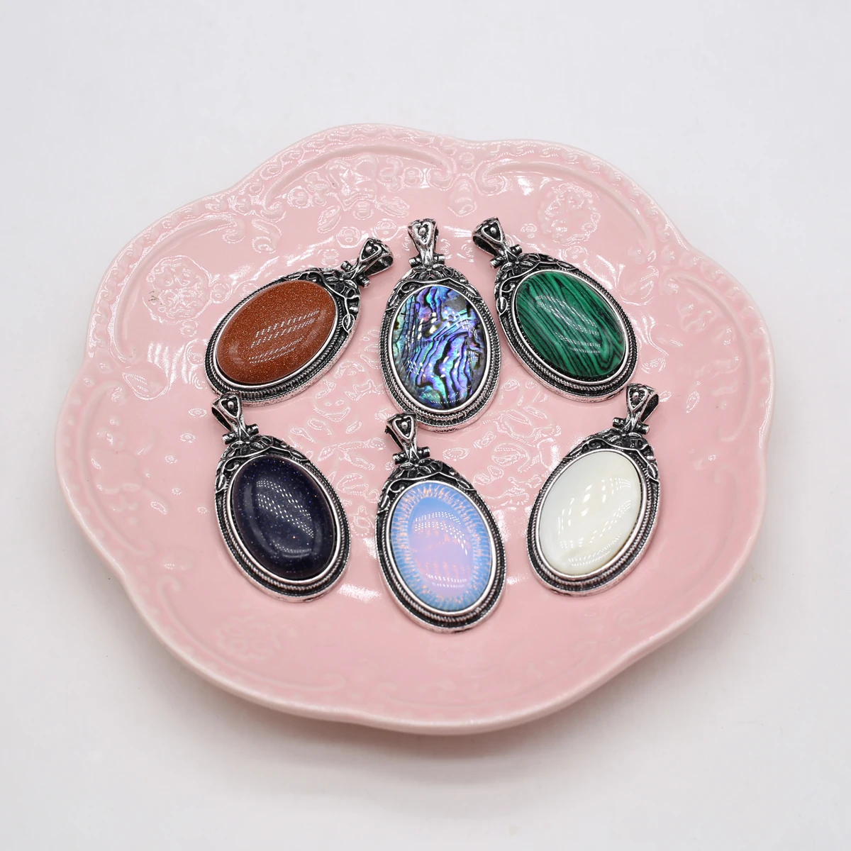 28x55mm Natural Stone Shell Oval Vintage Style Pendant Opal Rose Quartz Charms for Jewelry Making DIY Necklace Pendant Accessory