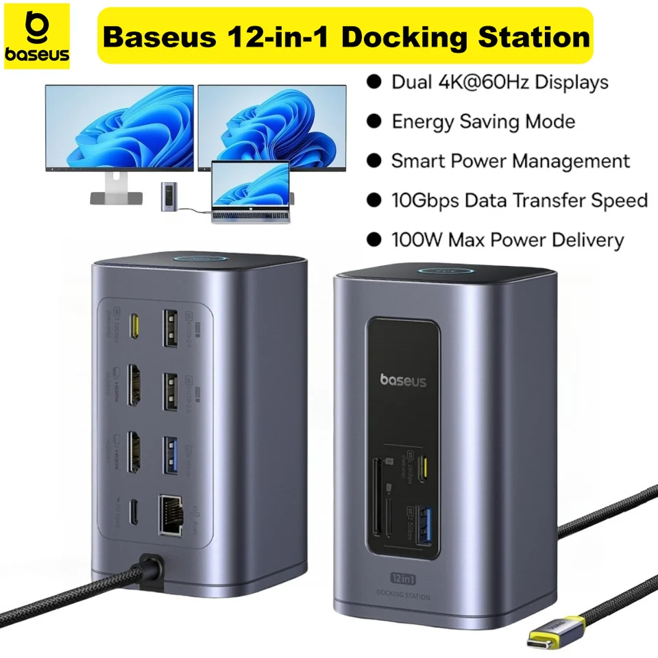 BASEUS 12-in-1 USB-C Hub 4K HDMI Dual Display Dock