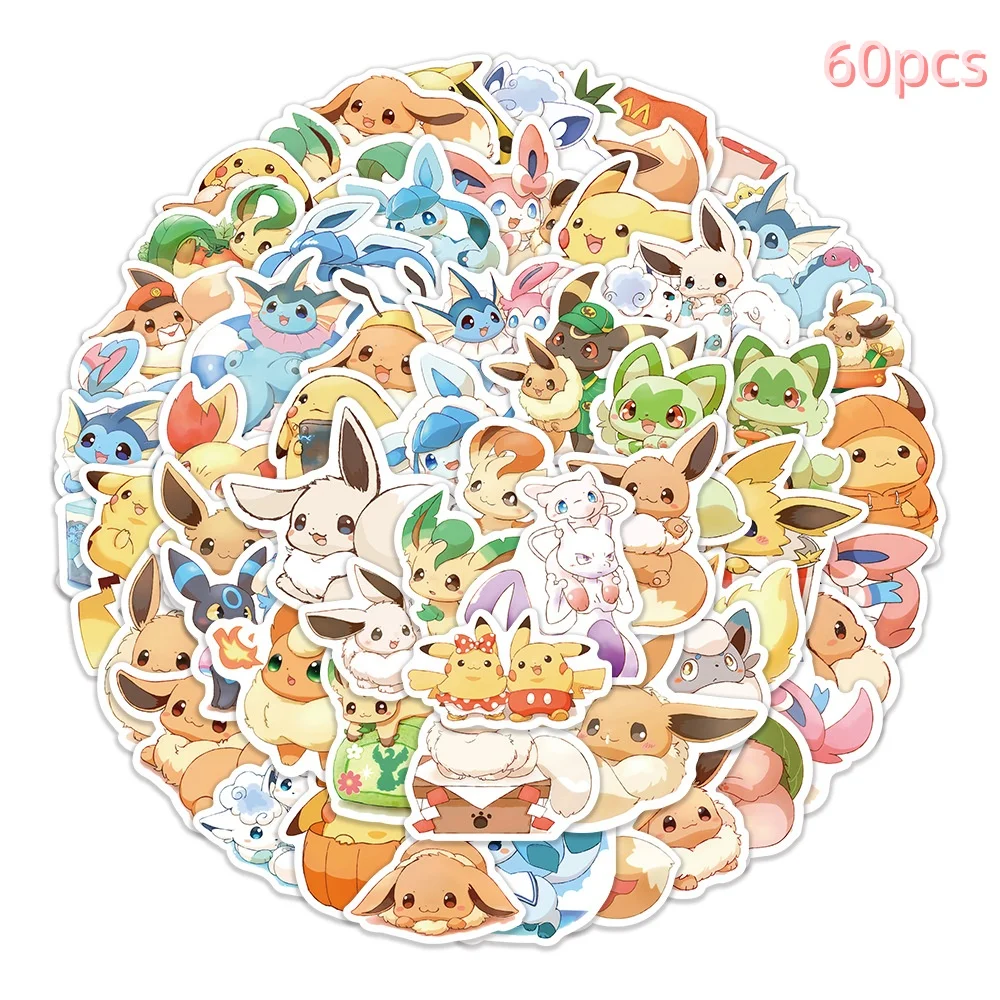 60 Stück Pokemon Eevee Evolution Aufkleber |   Niedliche Wasserfeste Anime-Aufkleber für Wasserflaschen, Laptops, Skateboards, Handys