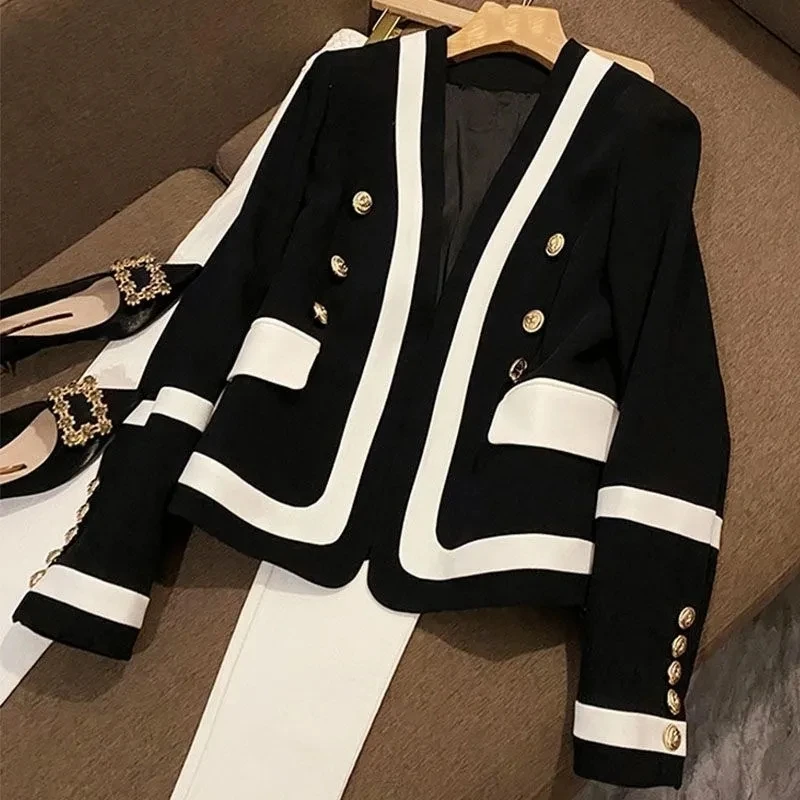 Black White contrasting Suit Women's Early Autumn New High-end light Luxury Metal buckle Versatile Small Fragrant style Jacket