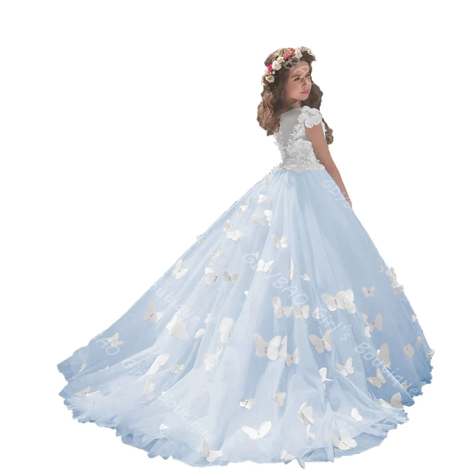 2025년 웨딩 나비 공주 대회 레이스 아플리케 맞춤형 키즈 첫 영성체 드레스 롱 볼 가운 플라워 걸 드레스