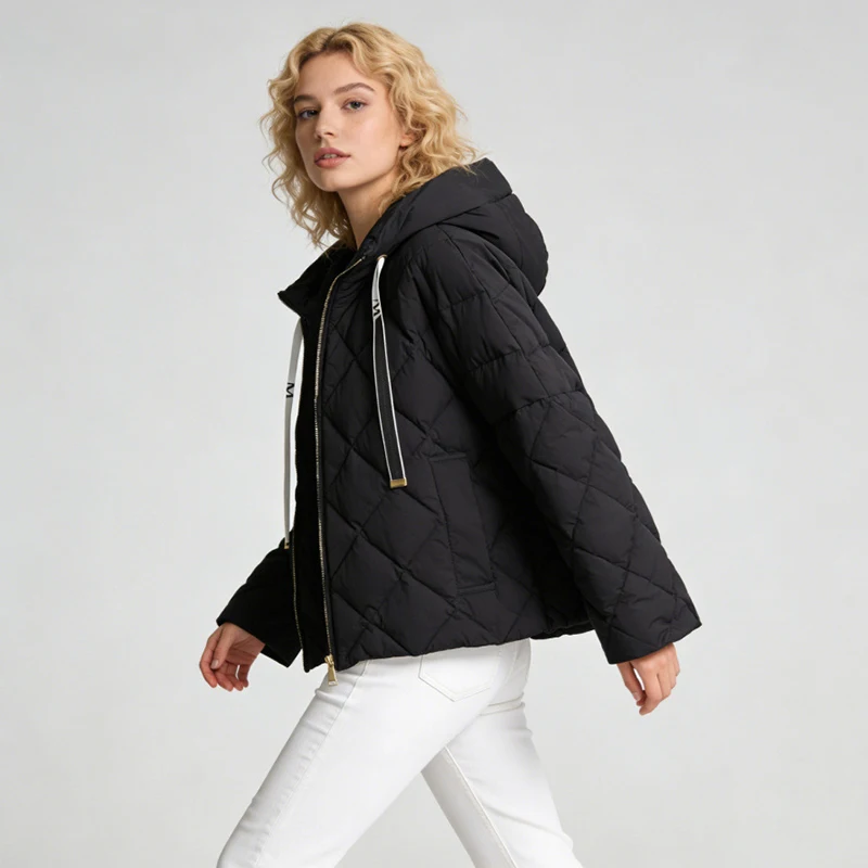 Schinteon Women's White Duck down Jacket with Hood Casual Loose Argyle Warm Autumn Winter High Quality Outwear 2026 New Coat
