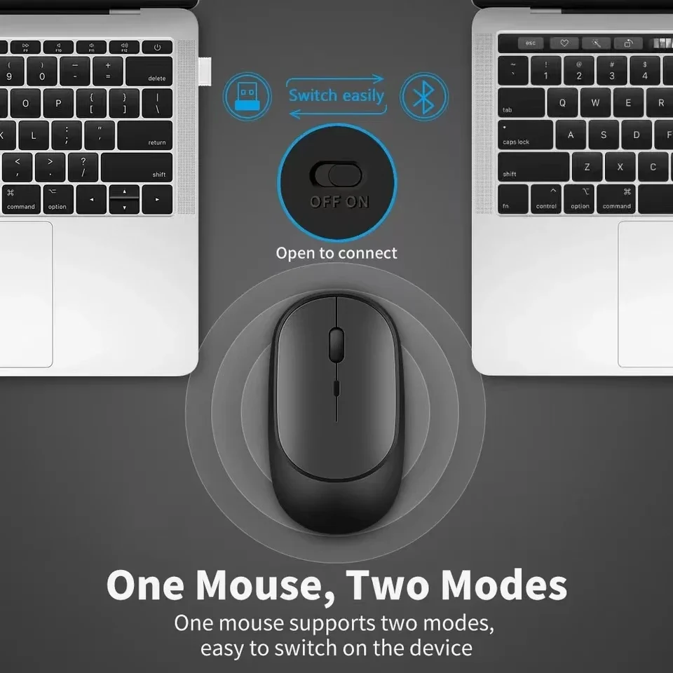 Mouse Recarregável Sem Fio para Gamer, Modos Duplos, Compatível com Bluetooth, USB, Mute Mice para Laptop, Tablet, 2.4G