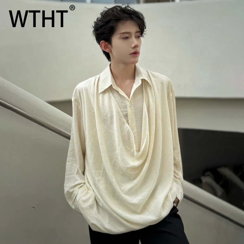 

WTHT Fashion Men's Fake Two-pieve Pleated Irregular Shirts Trendy Turn Down Collar Loose Casual Tops Male 2025 Autumn 2A1678