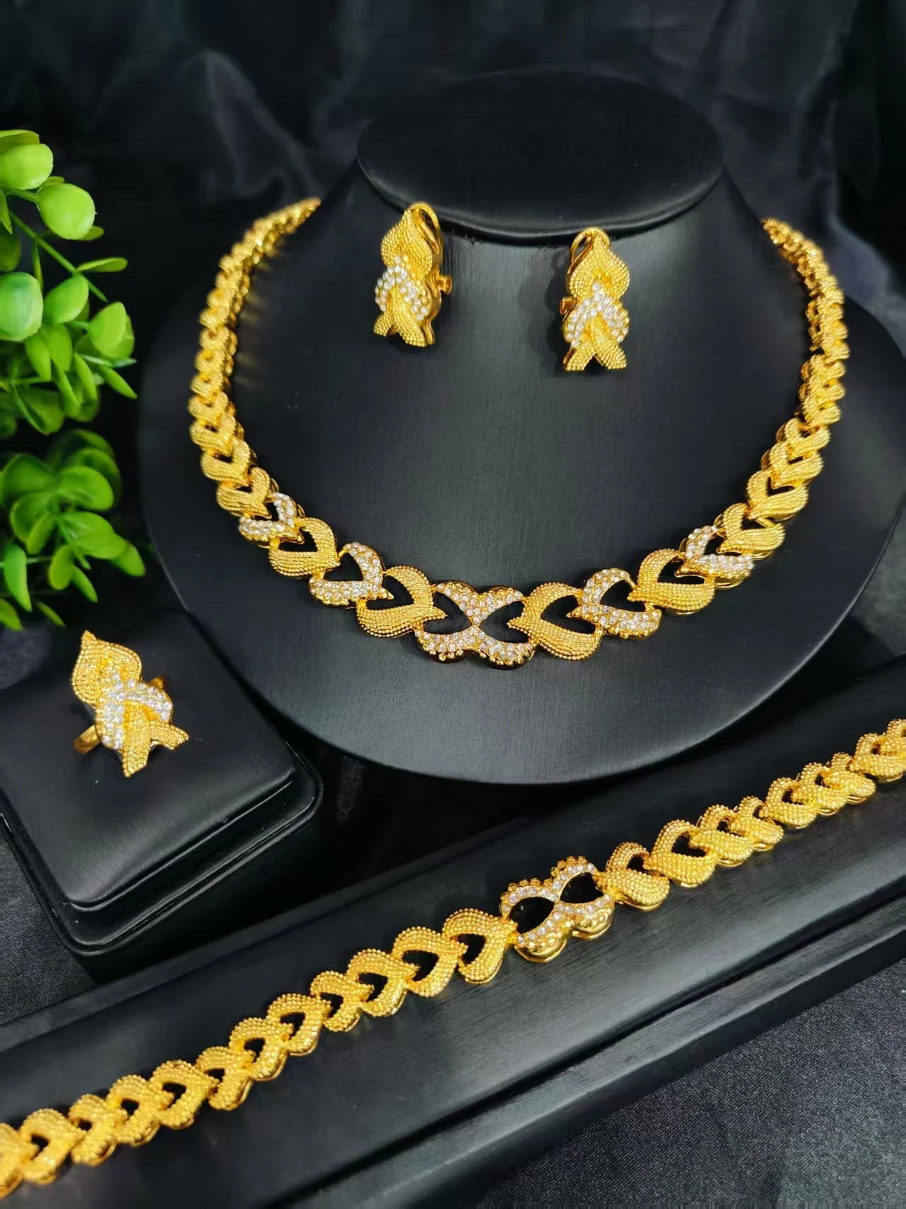 

French Luxury Rhinestone Necklace Ring Bracelet Earrings for Women Exquisite Elegant Wedding Jewelry Sets