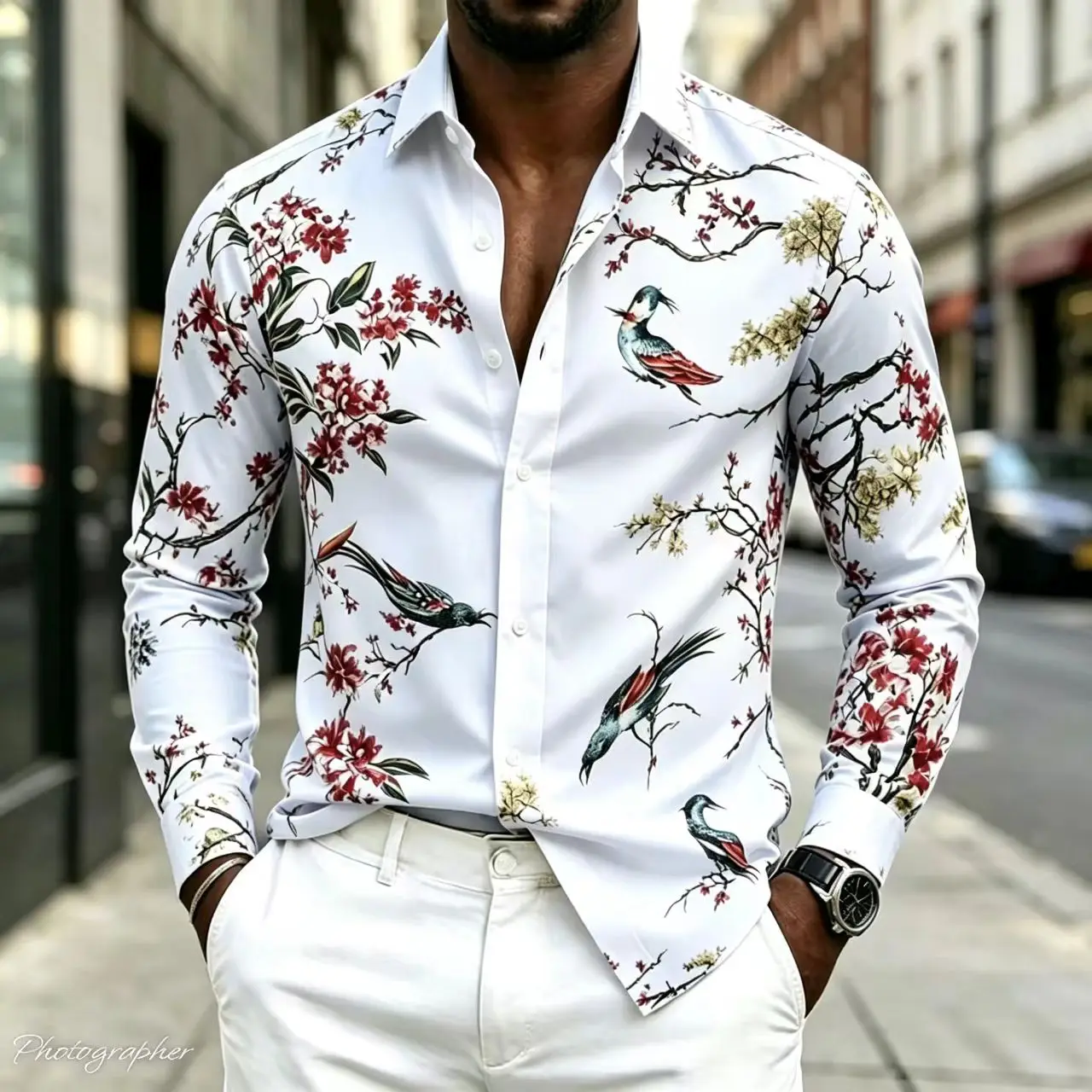 2026 New Men's Shirt Collar Long Sleeved Printed Shirt Street Style Elegant Men's Casual Fashion Top, Comfortable, 17 Colors