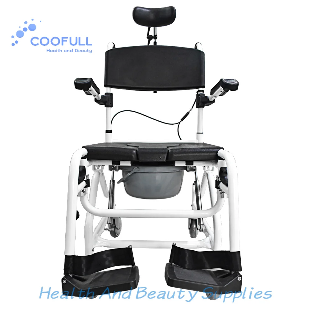 Coolfull Adjustable Reclining Shower Commode Chair with Headrest Tilt-in-Space Toilet with Padded Seat Bathroom Safety Equipment