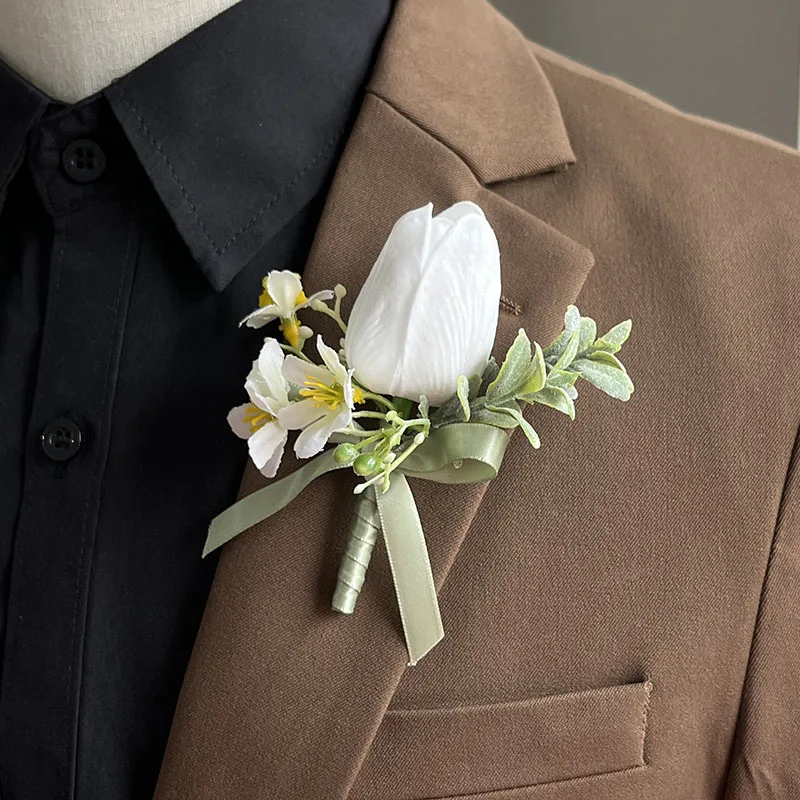 Groom Boutonniere Wedding Prom Accessories Boy Friend Corsage Buttonhole Flowers Suits Lapel Pin Brooch Flower Artificial Tulips