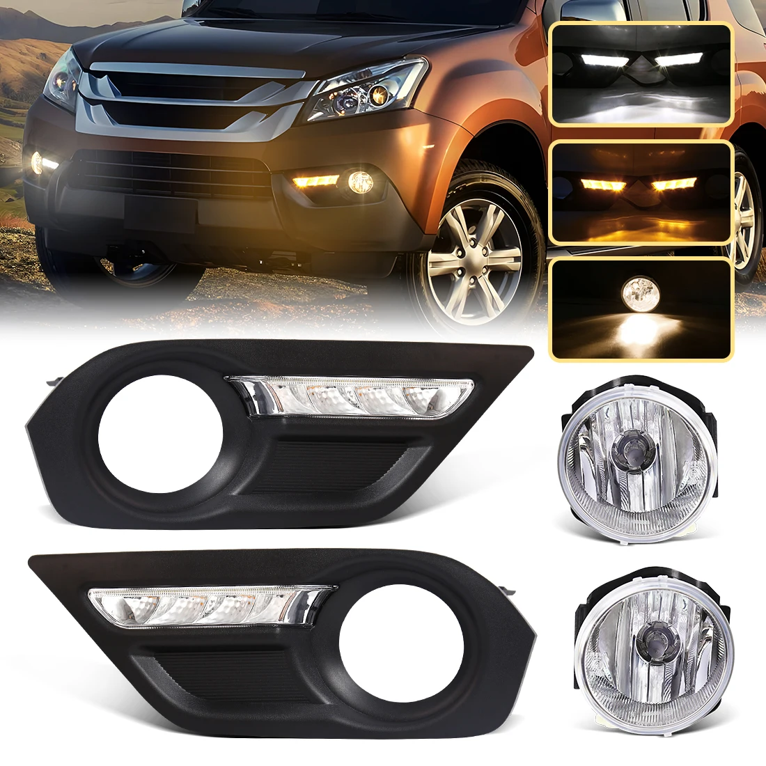 

For Isuzu MU-X MUX 2015 2016 LED DRL Fog Lamp Daytime Running Light Amber Turn Signal Fog Lamp Front Bumper Driving Light 12V