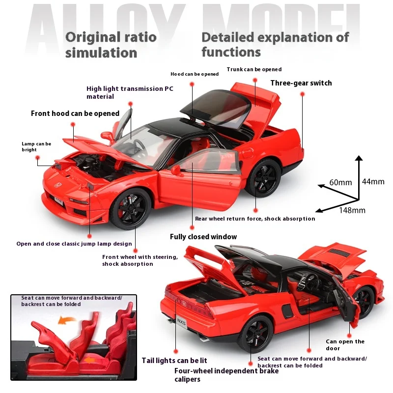 JDM 1:32 Honda Acura NSX NA1 Supercar Coppia In Lega di Metallo Pressofuso Modello di Auto Suono E Luce Giocattolo Per Bambini Da Collezione Compleanno