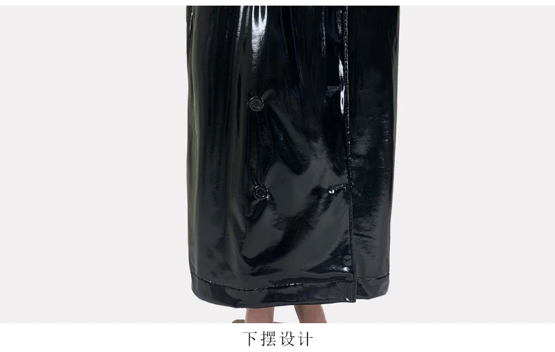 Nerazzurri Autumn Extra Long Shiny Black Soft Patent Pu Leather Trench Coat for Women with Hood Double Breasted European Fashion