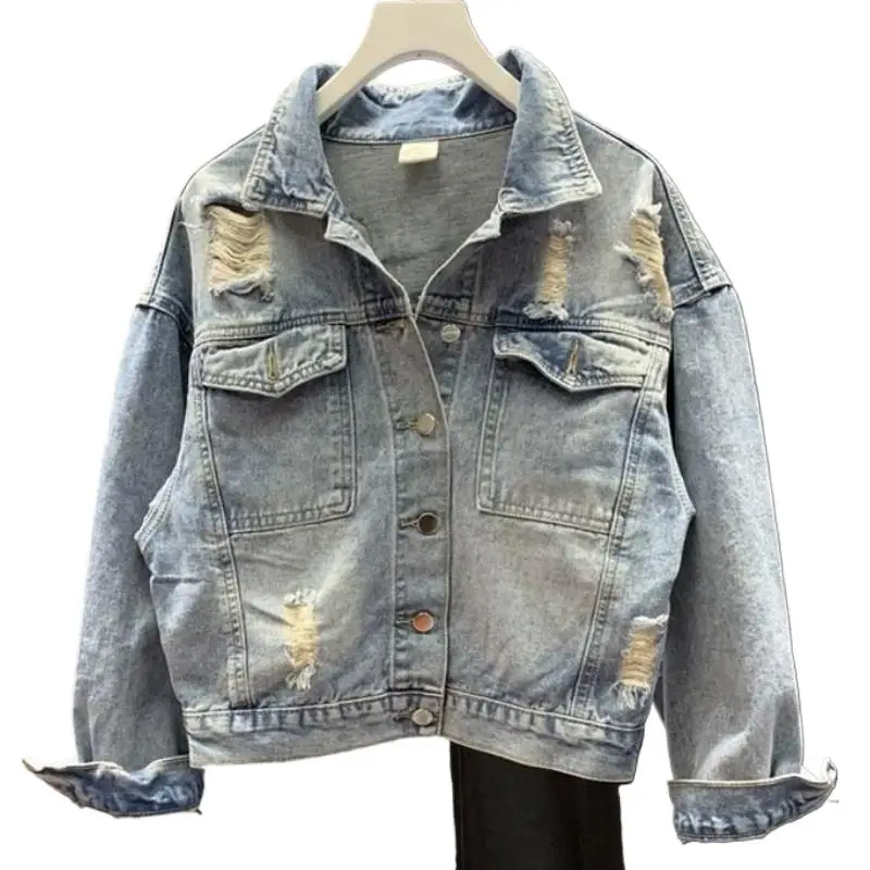 Fashion Autumn jackets for women Cotton Loose Denim Casual Cartoon Print Beaded Embroidery Destroy Wash Denim Jacket