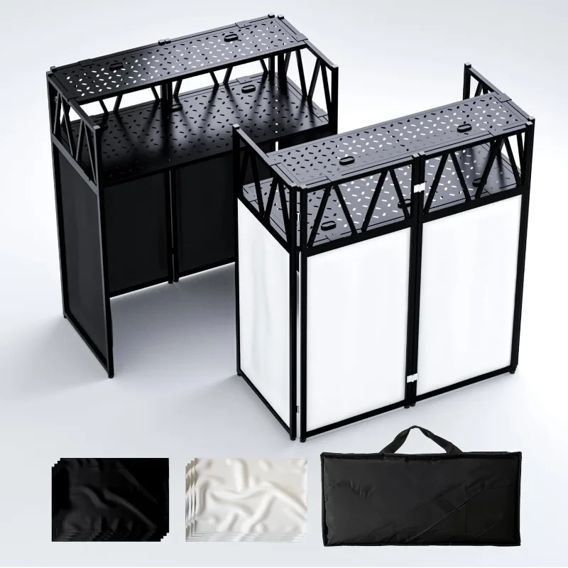 

Portable DJ Booth Table,Foldable DJ Table Stand Portable with White & Black Scrim,Adjustable DJ Facade Table Station Metal Frame