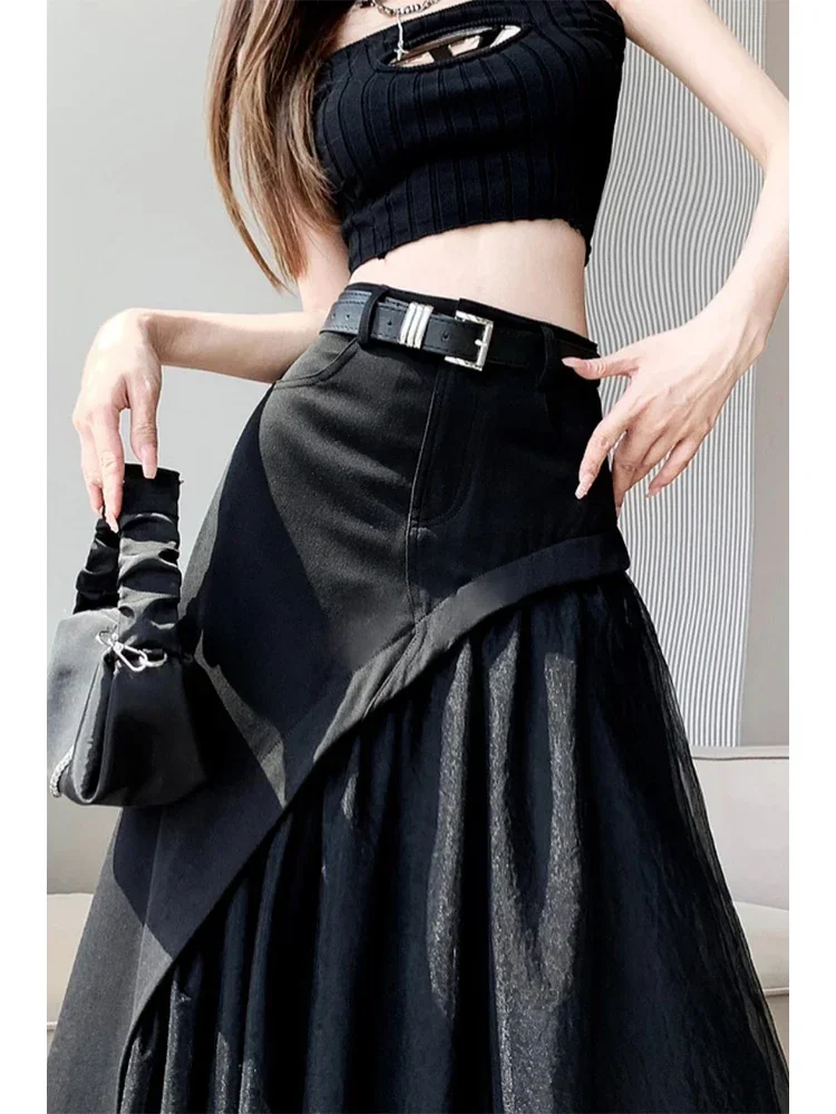 Women Patchwork Black Gothic Skirt Harajuku Korean Y2k Long Skirt Fashion Streetwear Vintage A-line Skirt 90s Emo 2000s Clothes