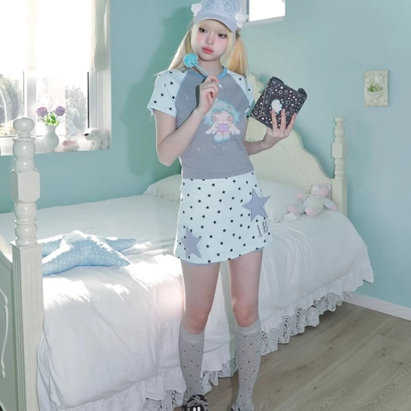 Original Women's Clothing 2025 Summer Mint Green Gray Hot Girl Elastic Shorts Y2K Removable Fake Two-piece Skirt Pants Ladies