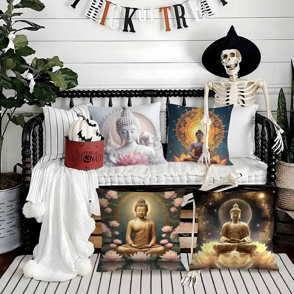 

Buddha Statue And Lotus Pillow Case Soft Plush Fabric Double Sided Print Decorative Home Living Room Gift Cushion Cover