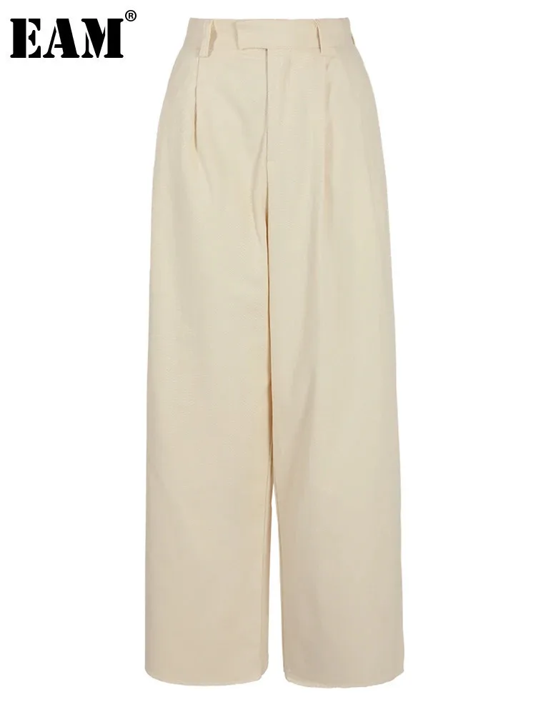 

[EAM] High Waist Beige Pleated Pocket Elegant Long Wide Leg Pants New Trousers Women Fashion Tide Spring Autumn 2024 26D5510