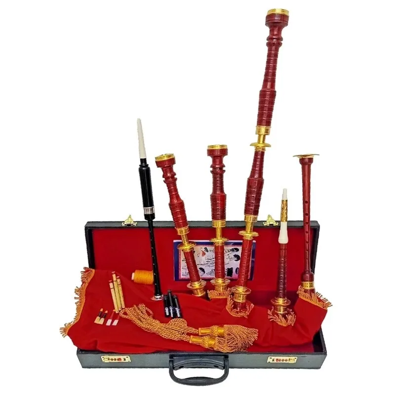 Handcrafted Highland mahogany all-gold bagpipes with hard case and instructor's book for high-quality Scottish instruments