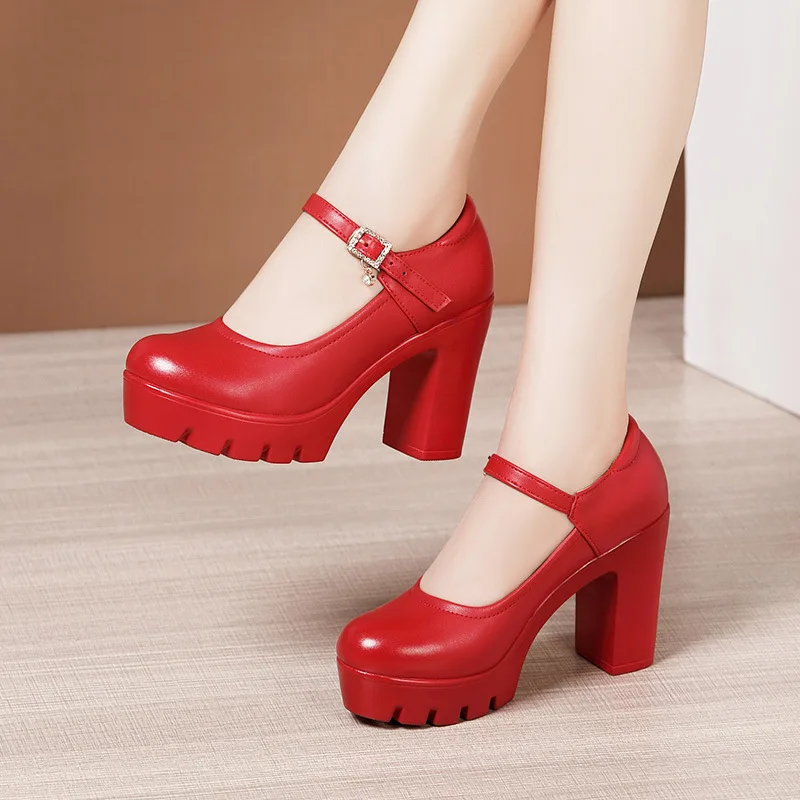 

10cm Small Size 32-43 Shallow Block High Heels Shoes Women's Platform Pumps 2023 Thick Bottom Red Wedding Shoes Office Model Mom