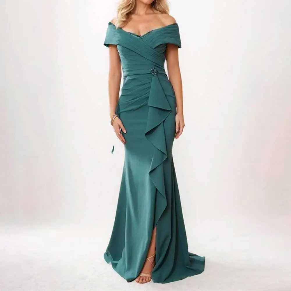 

Elegant Sweetheart Neck Cap Sleeve Ruffled Side Slit Evening Dress Prom Dress فساتين للمناسبات الخاصة Saudi Arabia فساتين سهرة