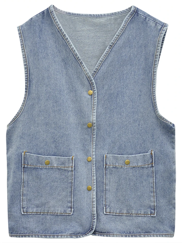 Vintage Spring Autumn Blue Denim Vest Women Leisure Plus Sized V Neck Single Breasted Sleeveless Jackets All-matched Tops S-5xl