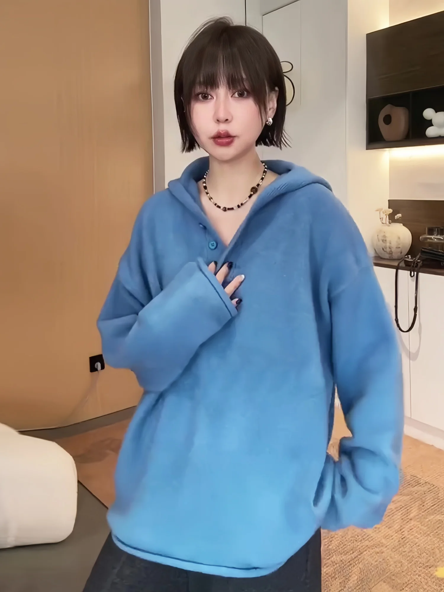 

Синий вязаный свитер с шапкой и пуговицами Fem, уникальный удобный корейский длинный свитер, повседневное модное осеннее новое поступление