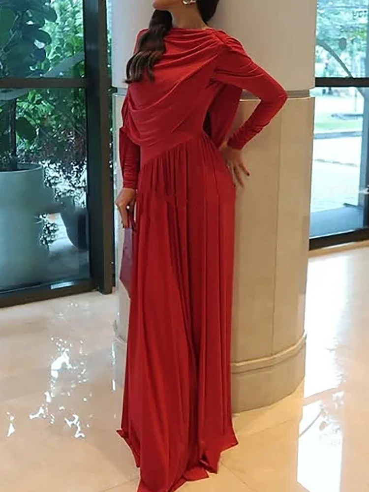 

Spring Autumn O Neck Shawl Patchwork Women's Party Dress Red Backless Hollow Sexy Long Dress Elegant Pleated Loose Office Dress