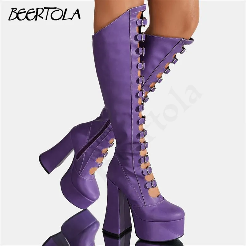 

Women's Thick Sole High Platform Boots Punk Style Chunky High Heels Hollow Belt Buckle Sexy Knee-High Boots Casual Boots