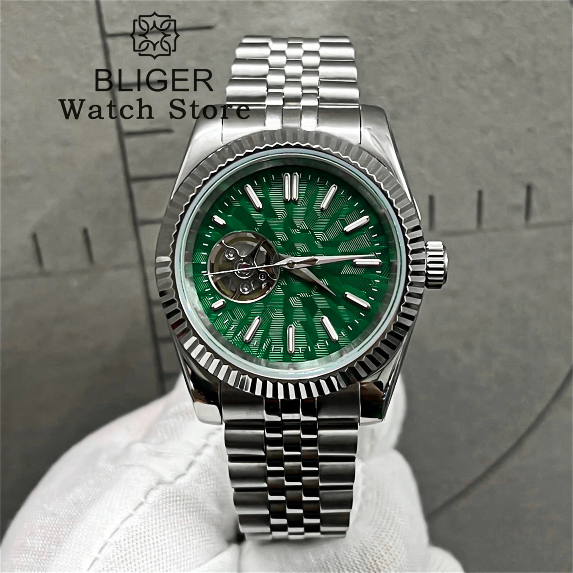 BLIGER 36mm 39mm Fluted Bezel NH38 Automatic Watch for Men Black White Green Blue Hollow Dial Luminous Index 904L Bracelet Clock